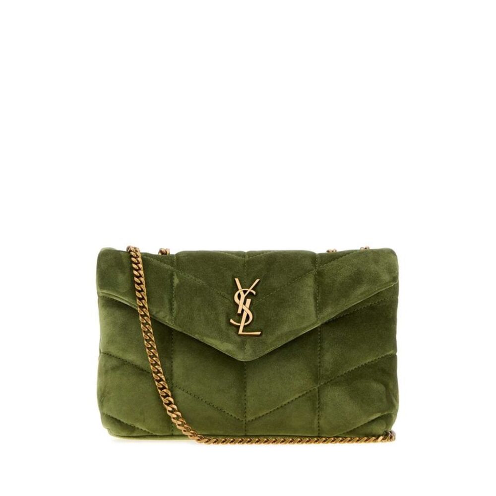 Saint Laurent Women Olive Green Suede Puffer Toy Crossbody Bag